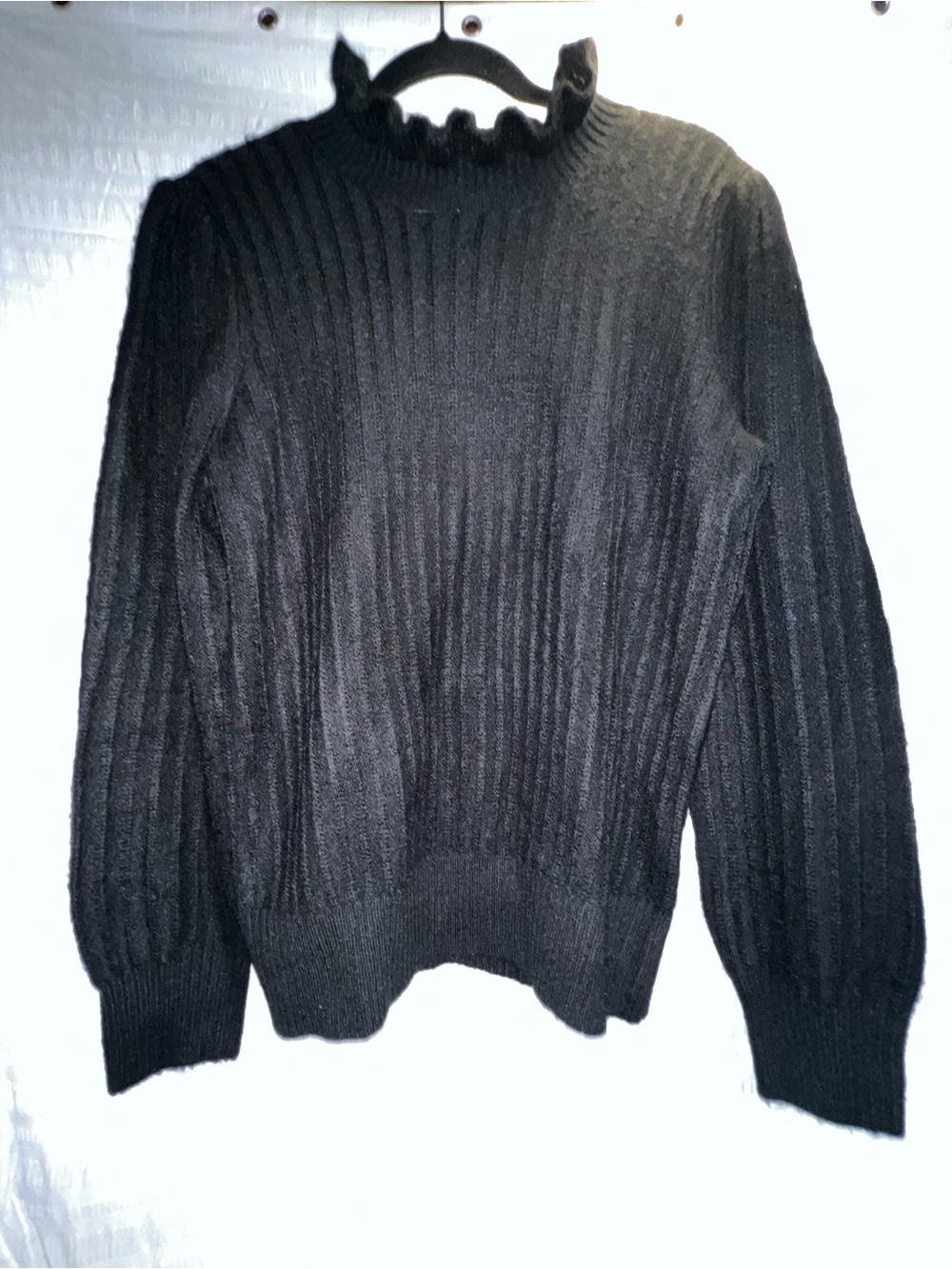 LOFT Black Ribbed Crewneck Sweater with Subtle Ruffle Collar
